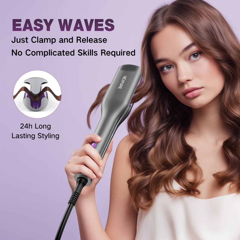 NEXPURE 1.25 Inch Hair Crimper Waver, 3 Barrels Deep Waver Hair Curler, Ceramic Curling Iron for Women, 10S Heat up, Anti-Scald, Purple