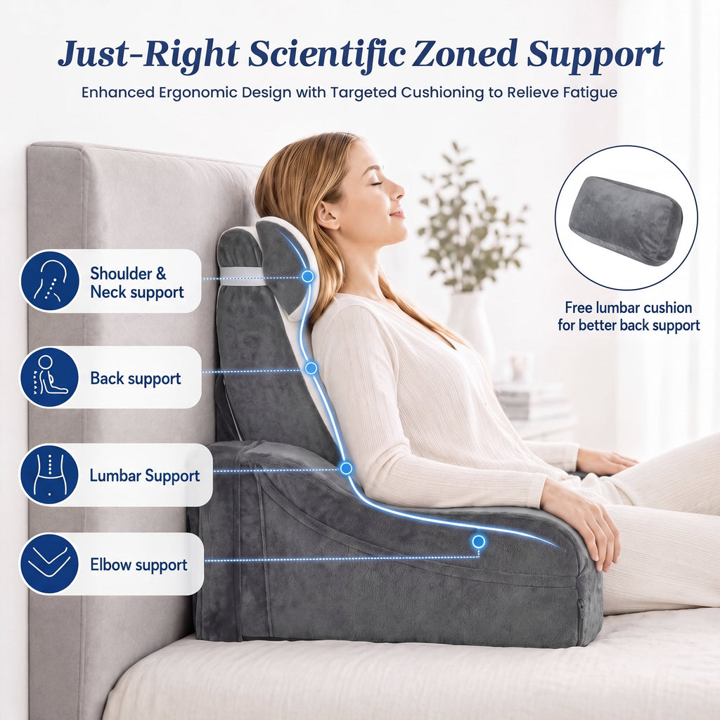 AMTPM Reading Pillow for Bed with Detachable Armrests, 2-in-1 Wedge Reading Pillow, 20°-55° Adjustable Headrest & Independent Lumbar Support Bed Reading Pillow for TV, Books, Nursing