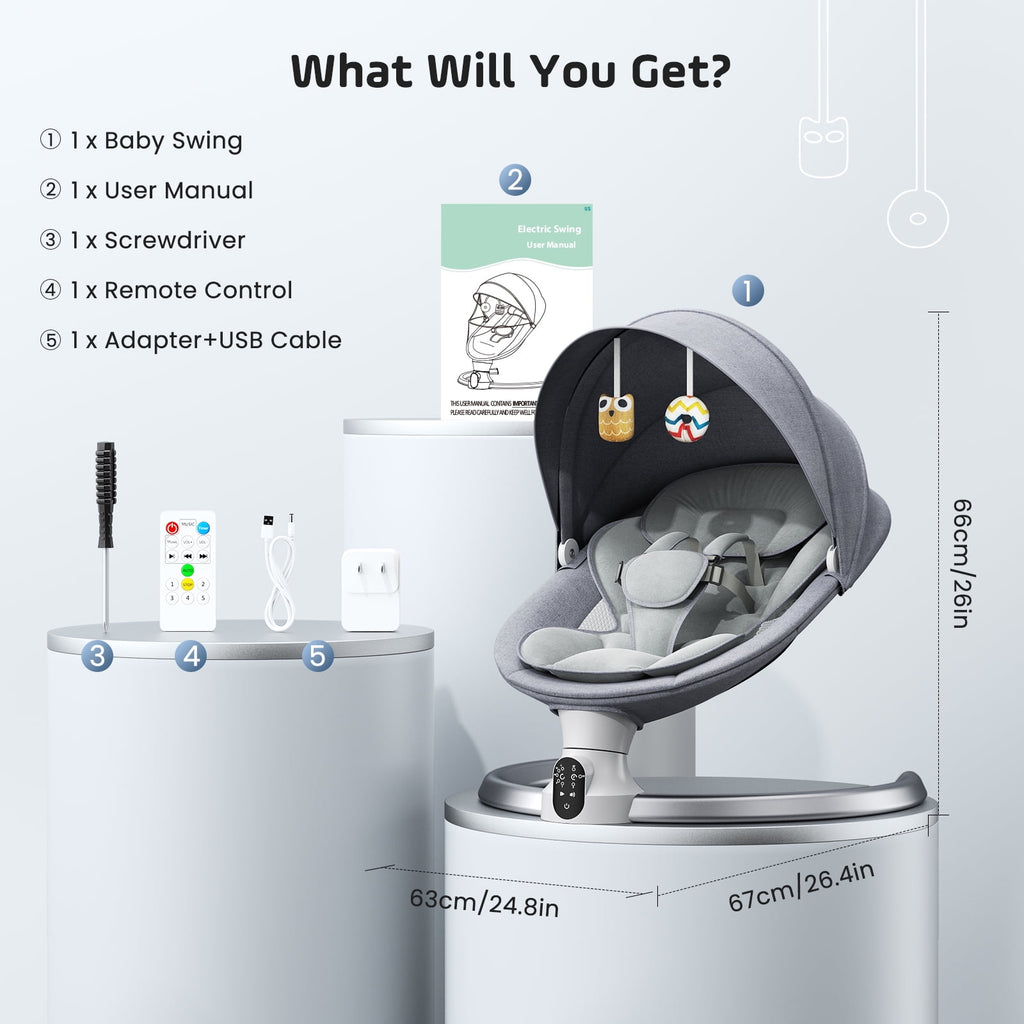 Doulami Electric Baby Swing for Newborn to Toddler Portable Infant Swing Rocker with Remote & APP Control & IMD Touch Panel, 5 Sway Speeds, 10 Lullabies, Gray