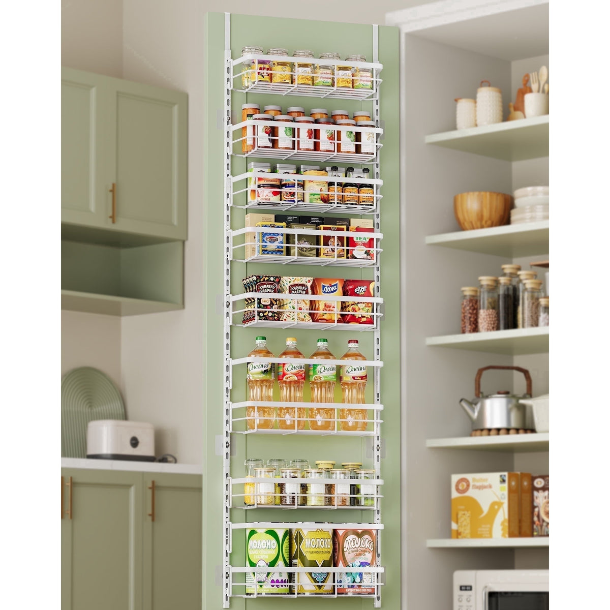 Asoibopi 8-Tier Adjustable Over the Door Pantry Organizer with 2 Sets Hooks Fits Most Doors, Hanging Spice Rack for Pantry Door Organizer And Storage, White