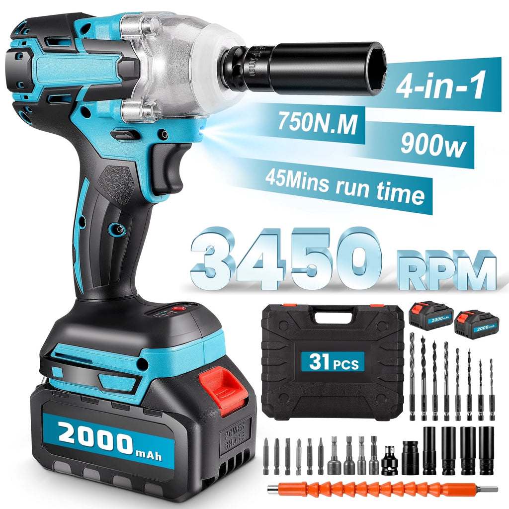 RELOIVE Cordless Impact Wrench 1/2", 553ft-lbs (750N.m) High Torque Impact Wrench with 2x 4.0Ah Batteries Brushless Motor Electric Impact Gun Impact Driver for Car Home