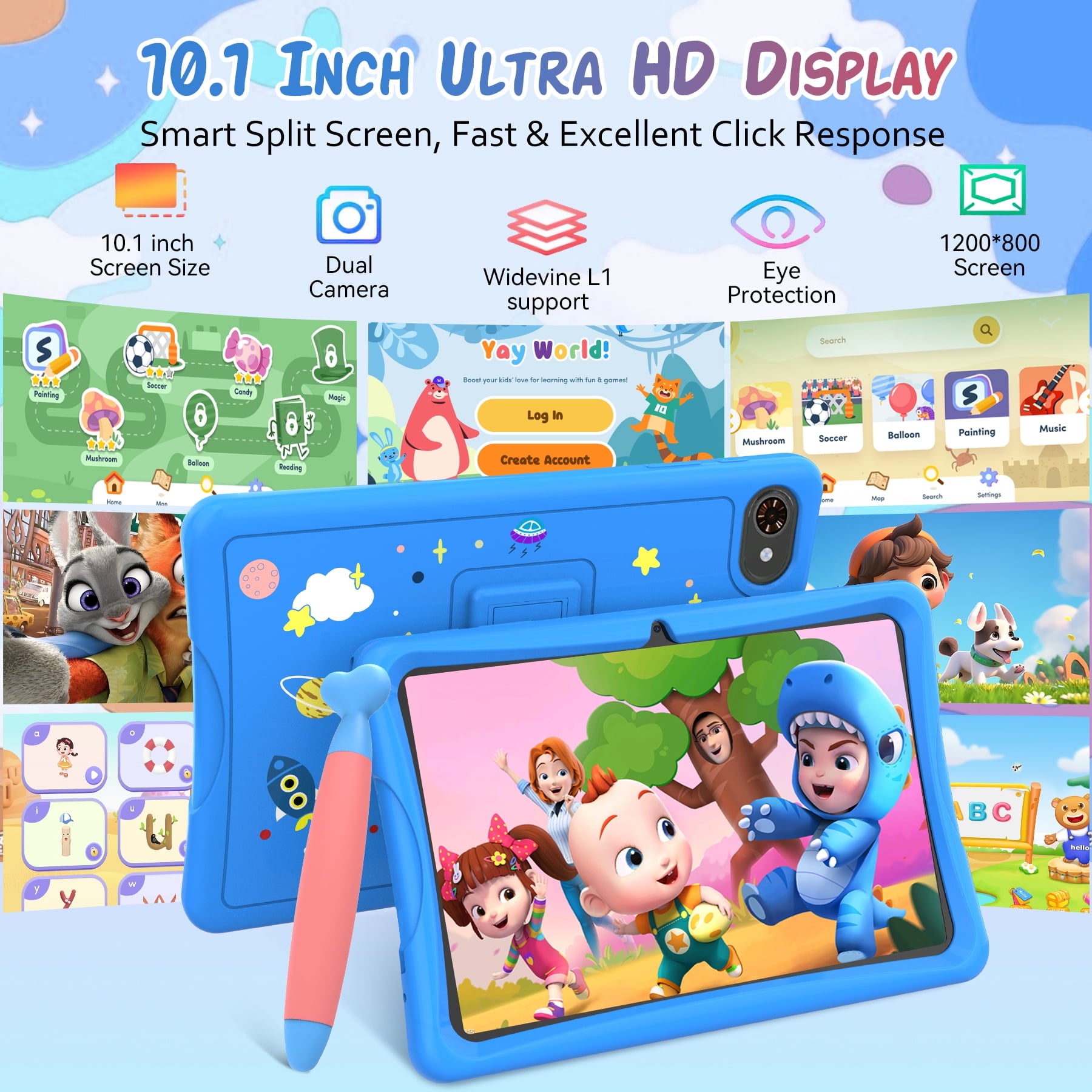 Kids Tablet, Android 15 Tablet for Kids 10.1 inch Ouad-Core with Case, 64GB 1TB TF Card Expandable for Toddler Children, Parental Control, Dual Camera, WiFi,Gift, Blue